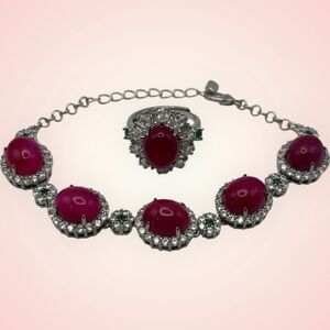 Elegant Pink, Crystal, with Green Accent Bracelet & Adjustable Ring Set